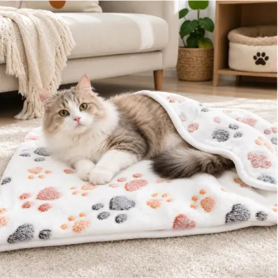 Indoor cat resting on a soft plush pet blanket mat in a cozy living room