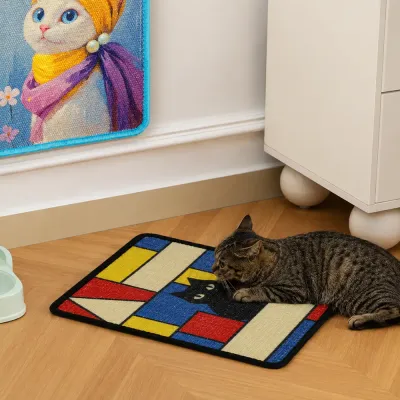 Cat Using Artistic Sisal Scratch Pad Indoors Tabby cat resting on a colorful artistic sisal scratching pad in a living room