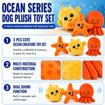 Starfish, pufferfish and octopus plush dog toys displayed on a blue blanket in an ocean-themed living room