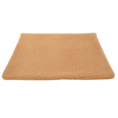 Brown rectangular plush pet self-warming mat on a white background