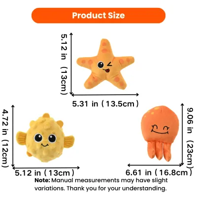 Size chart for starfish, pufferfish and octopus dog plush toys with measurements shown in inches and centimeters