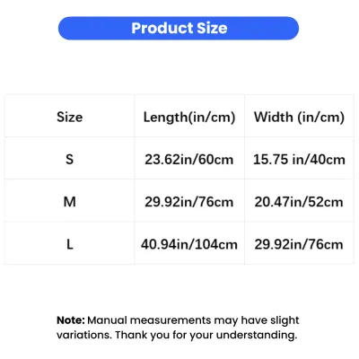 Size chart showing S, M and L dimensions for plush pet blanket mat in inches and centimeters