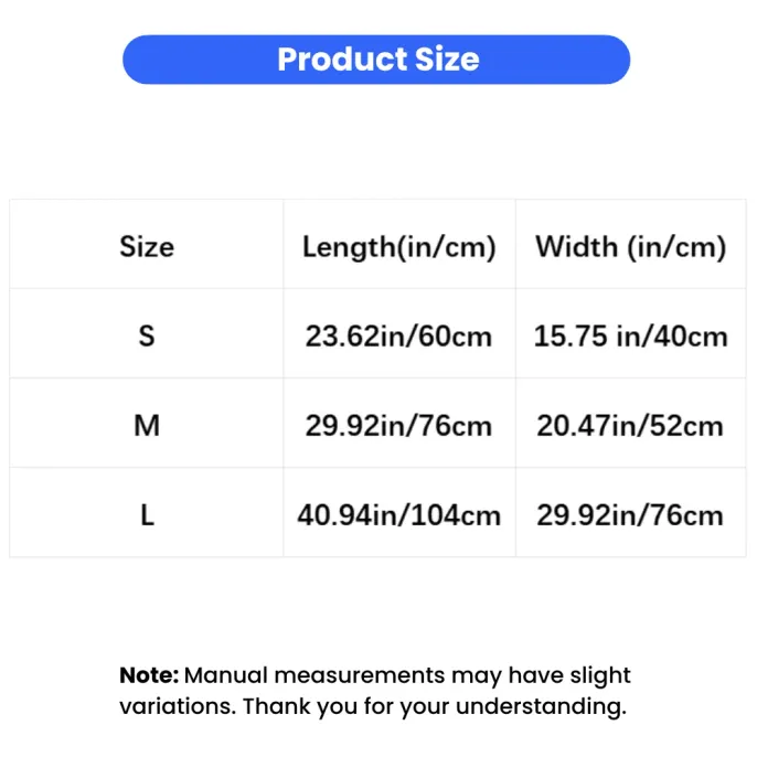 Pet Blanket Mat Size Guide for Cats and Dogs Size chart showing S, M and L dimensions for plush pet blanket mat in inches and centimeters