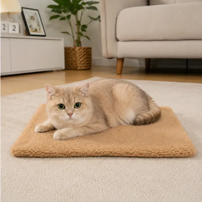Cat Resting on Soft Brown Self-Warming Mat Cat lying on a soft brown self-warming pet mat in a living room