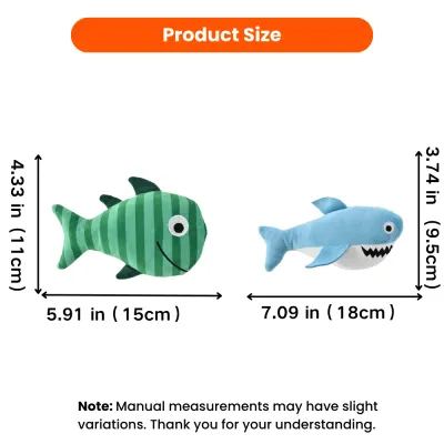 Size guide for green fish and blue shark plush dog toys, measuring 5.91 and 7.09 inches long.