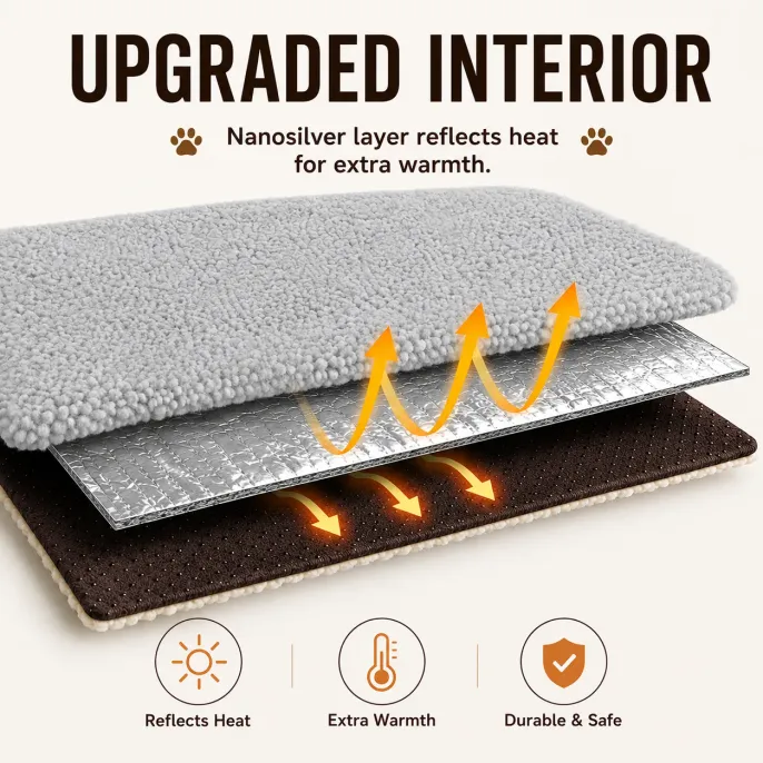 Upgraded Interior Self-Warming Pet Mat with Nanosilver Heat Reflective Layer Exploded view of a self-warming pet mat featuring a nanosilver heat-reflective layer that retains body heat for extra warmth, providing a soft, durable, and safe sleeping surface for cats and dogs.