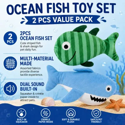 Two-piece ocean fish plush dog toy set with striped fish and shark, squeaker, crinkle paper and textured fabrics.