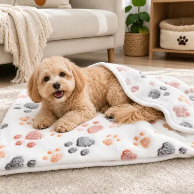 Small dog lying on a soft double-sided plush pet blanket mat in a living room