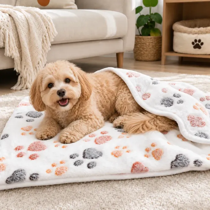 Warm Plush Pet Blanket Mat for Small Dogs Small dog lying on a soft double-sided plush pet blanket mat in a living room