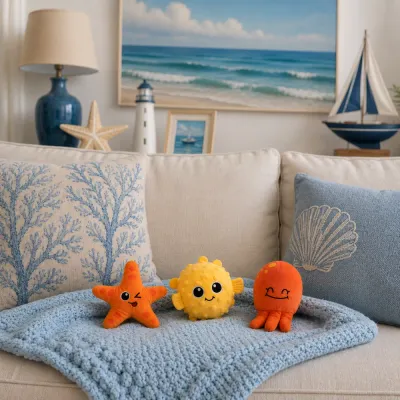 Feature guide for a three-piece ocean dog plush toy set with textured fabrics, squeakers and crinkle paper