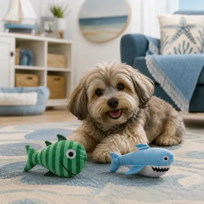 Small dog playing with green fish and blue shark plush toys in a coastal-themed living room.