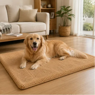 Golden Retriever lying on a brown self-warming pet mat in a living room