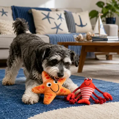 Small dog playing with an orange starfish toy beside a red lobster rope dog toy
