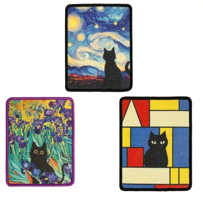 Artistic Cat Scratch Pads in Three Designs Three rectangular sisal cat scratch pads with blue, floral and geometric cat patterns