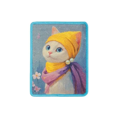 Blue Artistic Cat Portrait Sisal Scratch Pad Blue rectangular sisal cat scratch pad with an artistic cat portrait and rounded edges