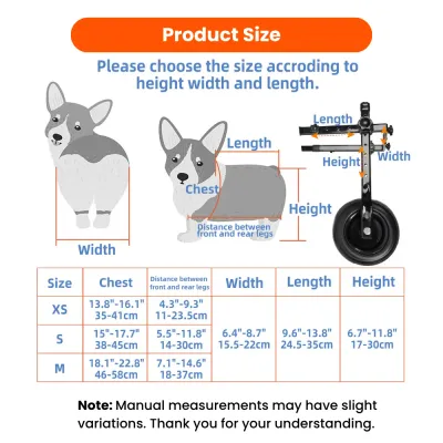 Adjustable Dog Wheelchair Size and Measurement Guide Adjustable dog wheelchair size chart showing chest, body length, width, height and leg distance measurements for XS, S and M dogs.
