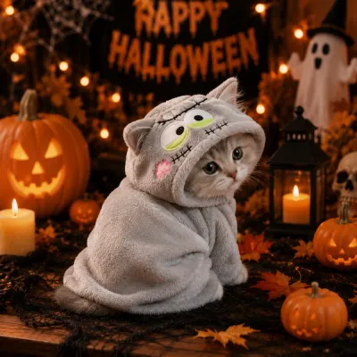 Halloween Cat Bath Towel Hoodie Plush Pet Drying Robe with Monster Design Cute cat wearing a plush Halloween monster hooded pet bath towel for quick drying after bathing, featuring a soft microfiber design for cats and small pets.