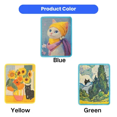 Artistic Sisal Cat Scratch Pad Color Options Blue, yellow and green artistic sisal cat scratch pads with three decorative cat-themed designs