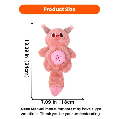 Size guide for pink monster dog toy measuring 13.39 inches long and 7.09 inches wide