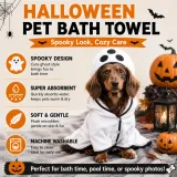 Hooded Halloween Pet Bath Towel Features Dog wearing a white ghost Halloween pet bath towel with absorbent, soft and machine-washable features