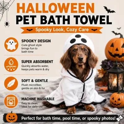 Hooded Halloween Pet Bath Towel Features Dog wearing a white ghost Halloween pet bath towel with absorbent, soft and machine-washable features