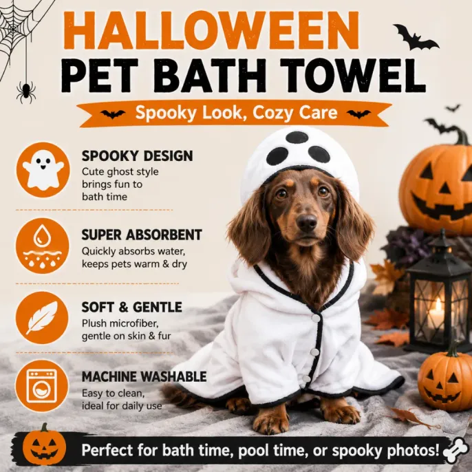 Hooded Halloween Pet Bath Towel Features Dog wearing a white ghost Halloween pet bath towel with absorbent, soft and machine-washable features