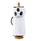 White Ghost Halloween Pet Bath Towel White ghost Halloween pet bath towel with hood and black trim displayed on a wooden stand