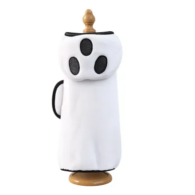 White Ghost Halloween Pet Bath Towel White ghost Halloween pet bath towel with hood and black trim displayed on a wooden stand