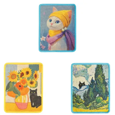 Artistic Sisal Cat Scratch Pads in Three Decorative Patterns Three artistic sisal cat scratch pads featuring cat portrait, sunflower and landscape patterns
