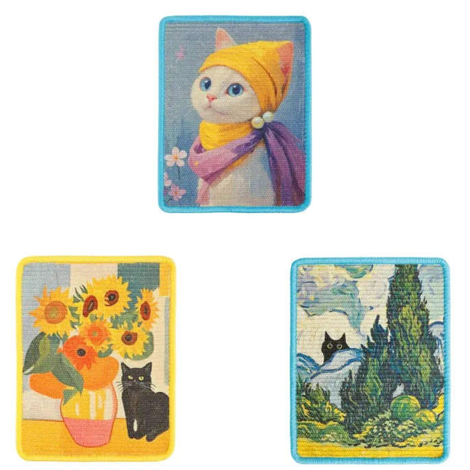 Artistic Sisal Cat Scratch Pads in Three Decorative Patterns Three artistic sisal cat scratch pads featuring cat portrait, sunflower and landscape patterns