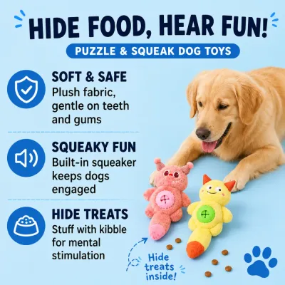 Interactive plush dog toys with squeaker and treat hiding pocket for mental stimulation