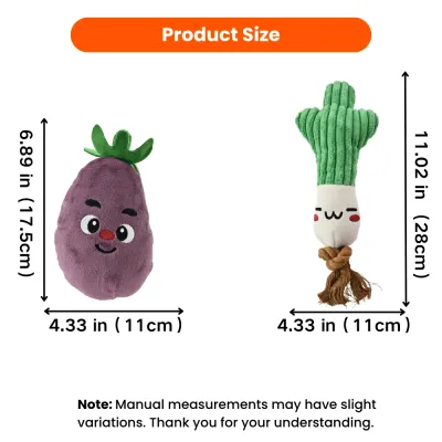 Product size chart for the eggplant and scallion plush dog toy set, showing dimensions in inches and centimeters