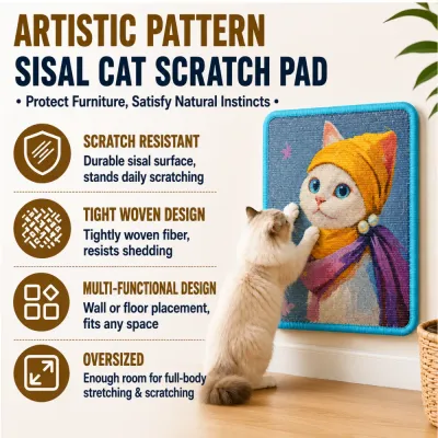 Artistic Pattern Sisal Cat Scratch Pad Features Artistic pattern sisal cat scratch pad with scratch-resistant woven surface for wall or floor placement