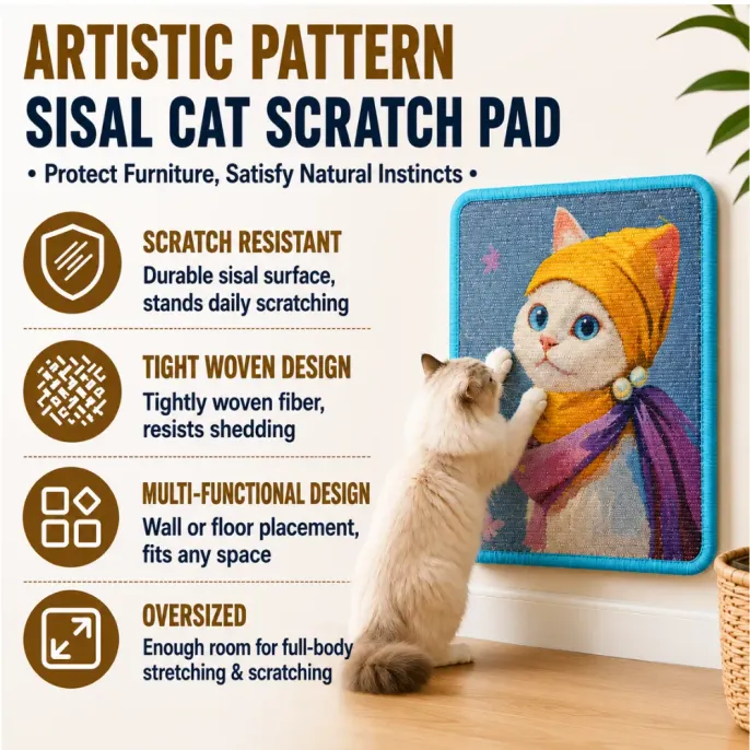 Artistic Pattern Sisal Cat Scratch Pad Features Artistic pattern sisal cat scratch pad with scratch-resistant woven surface for wall or floor placement