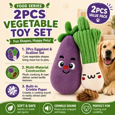 Two-piece eggplant and scallion plush dog toy set with crinkle paper, textured fabrics, and rope details