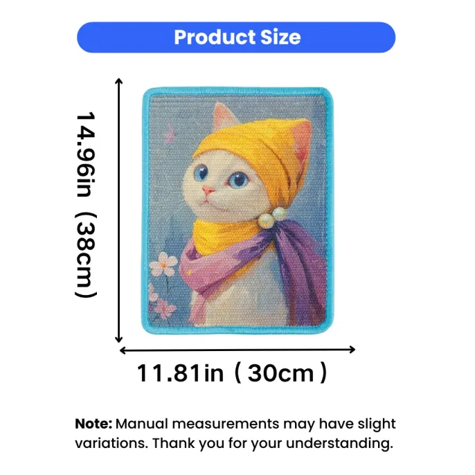 Artistic Sisal Cat Scratch Pad Size – 15 × 12 Inches Artistic sisal cat scratch pad measuring 14.96 by 11.81 inches for wall or floor use