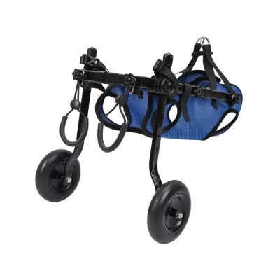 Lightweight Two-Wheel Dog Mobility Support Cart Lightweight two-wheel dog mobility cart with adjustable black frame, blue mesh body support and rear leg straps.