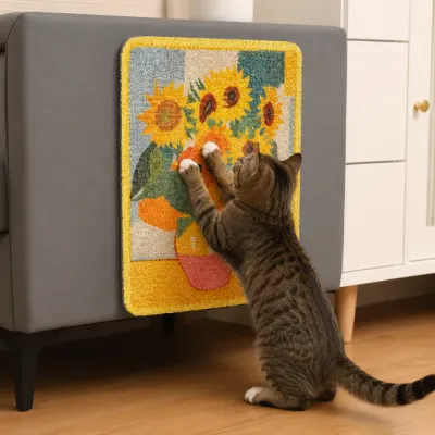 Sisal Cat Scratch Pad for Sofa Furniture Protection Tabby cat scratching an artistic sisal cat scratch pad attached to the side of a sofa