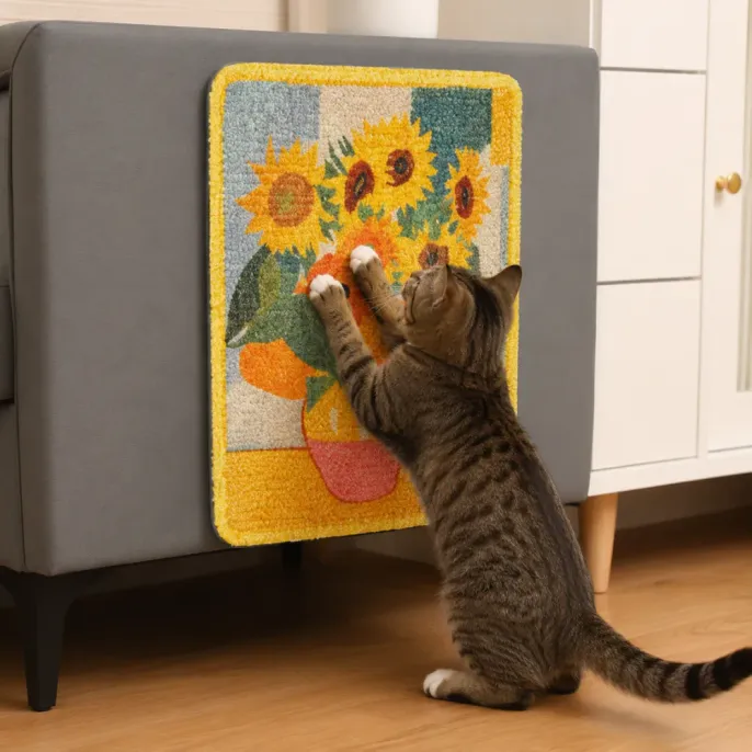 Sisal Cat Scratch Pad for Sofa Furniture Protection Tabby cat scratching an artistic sisal cat scratch pad attached to the side of a sofa