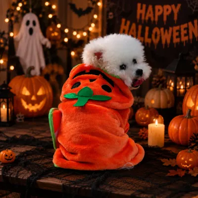 Halloween Pumpkin Dog Bath Towel Hooded Plush Pet Drying Robe Small white dog wearing a Halloween pumpkin hooded pet bath towel made from soft plush microfiber for fast drying after bathing.