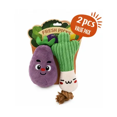 Wholesale two-piece eggplant and scallion plush dog toy set in vegetable-themed retail packaging
