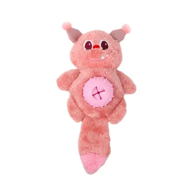 Pink monster plush dog toy with a treat dispensing center and long soft tail