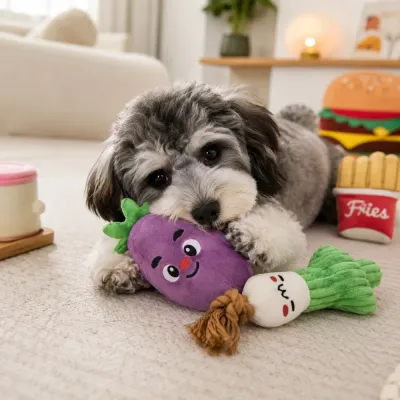 Small dog playing with an eggplant plush toy and scallion rope dog toy in a living room