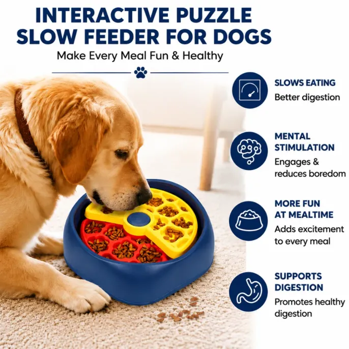 Dog Using Interactive Slow Feeder Puzzle Bowl dog eating from an interactive slow feeder puzzle bowl at home