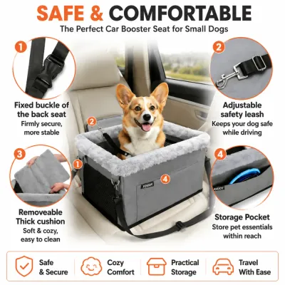 Safe and Comfortable Dog Car Booster Seat Features Dog car booster seat with adjustable safety leash, removable cushion, secure buckle, and storage pocket