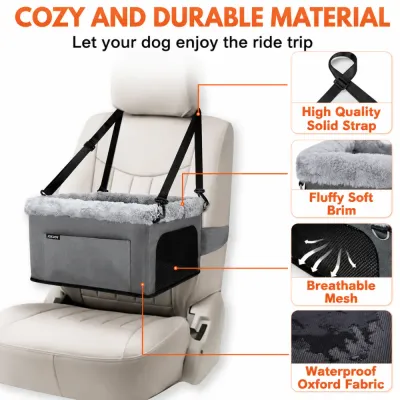 Small Dog Car Booster Seat with Safety Strap and Mesh Design Small dog car booster seat featuring safety straps, soft plush brim, breathable mesh sides, and waterproof Oxford fabric