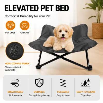 Foldable elevated pet bed featuring water-resistant Oxford fabric, breathable mesh, and durable frame
