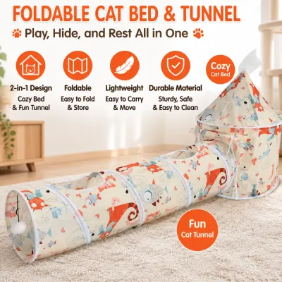 Foldable Cat Bed & Tunnel 2 in 1 Design Foldable cat bed tunnel with cozy sleeping area and interactive play space