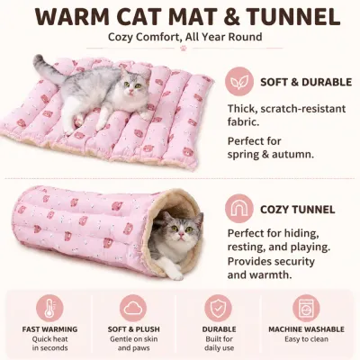 Soft plush warm cat mat and tunnel with cozy design for sleeping, hiding, and playing