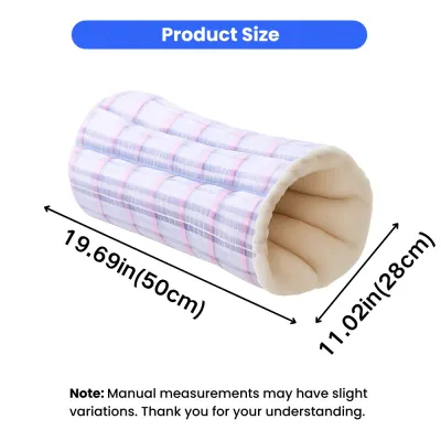 Warm cat tunnel bed size guide showing 50cm length and 28cm width for indoor cats